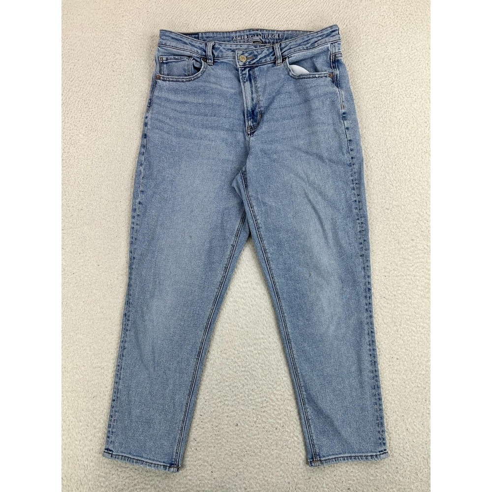 American Eagle Highest Rise Mom Jeans Womens 12 Blue Light Wash Distressed Denim